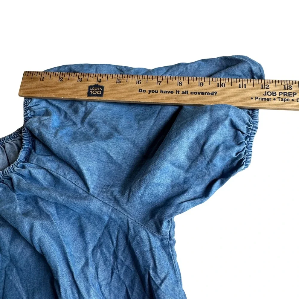 Loft Women's Blue Lyocell Chambray Puff Sleeve Scoop Neck Blouse Top Size S NWOT